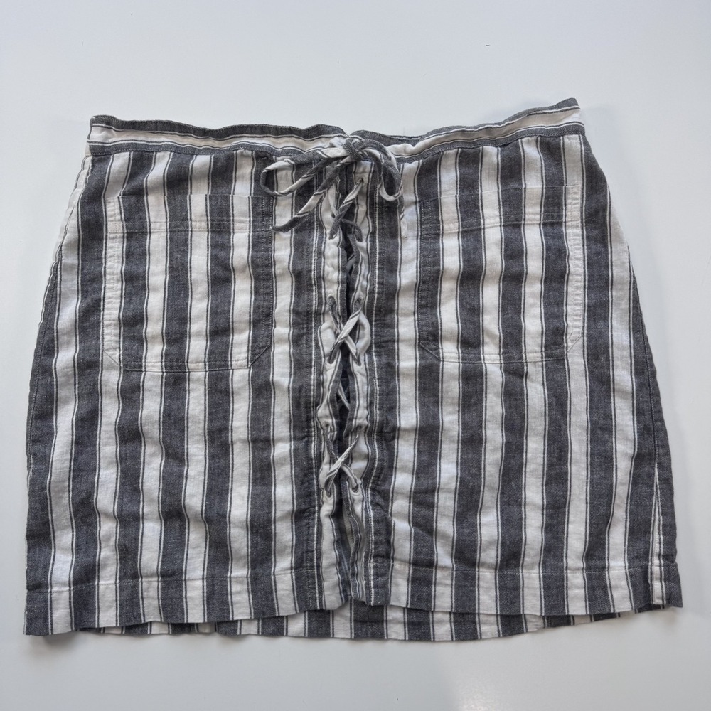 MADEWELL Striped Linen Cotton Lace-Up Mini Skirt Womens 14 Gray Off White